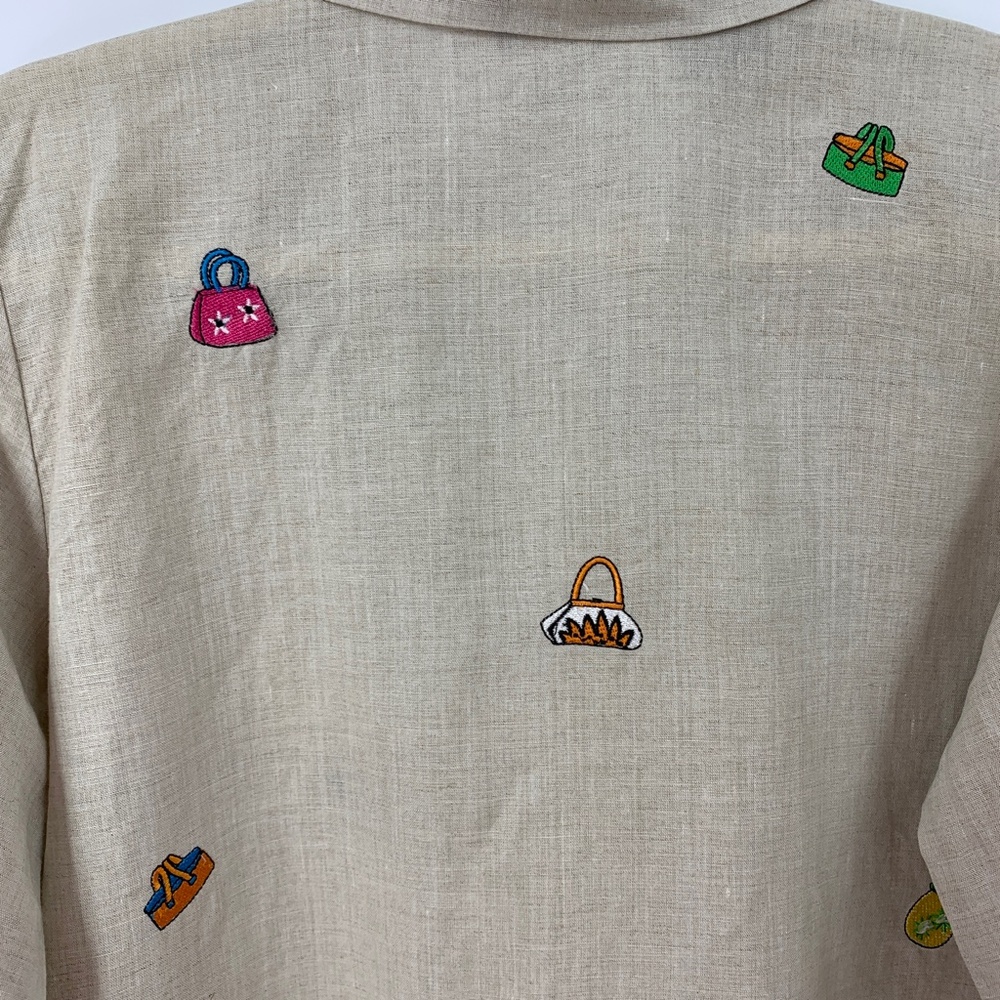 Edward Irish Linen Novelty Embroidered Handbags Motif Button Down Tan Sz M - Picture 7 of 12